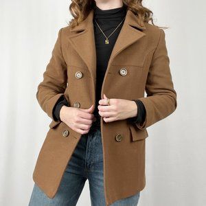 Vintage Cashmere Wool Double Breasted Camel Tan Pea Coat Preppy Oversized Blazer
